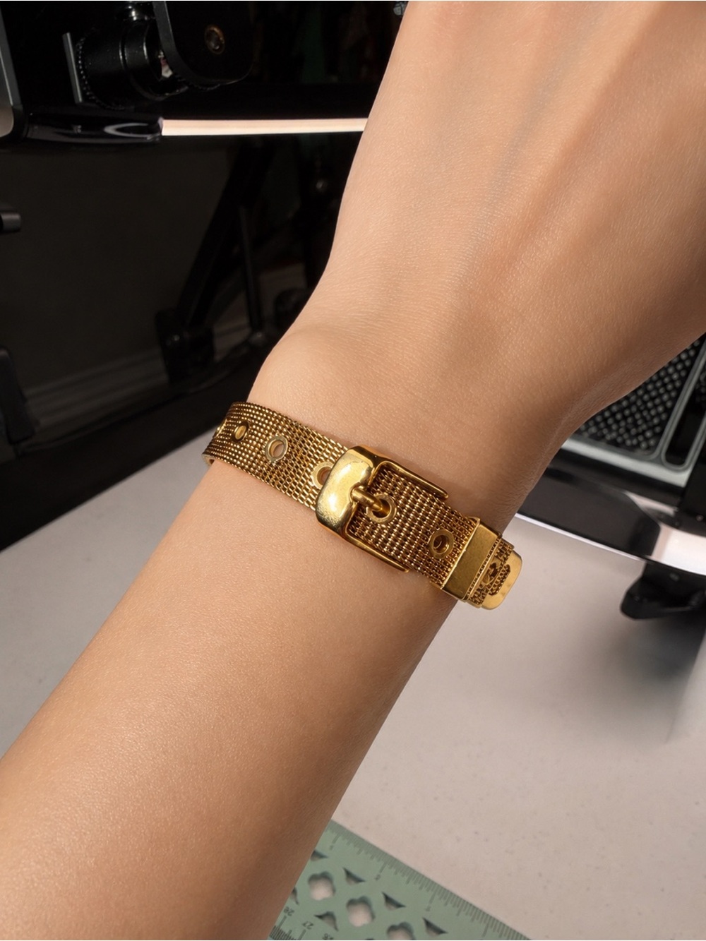 House of Harlow 1960 Gold Mesh Bracelet with Buckle Detail